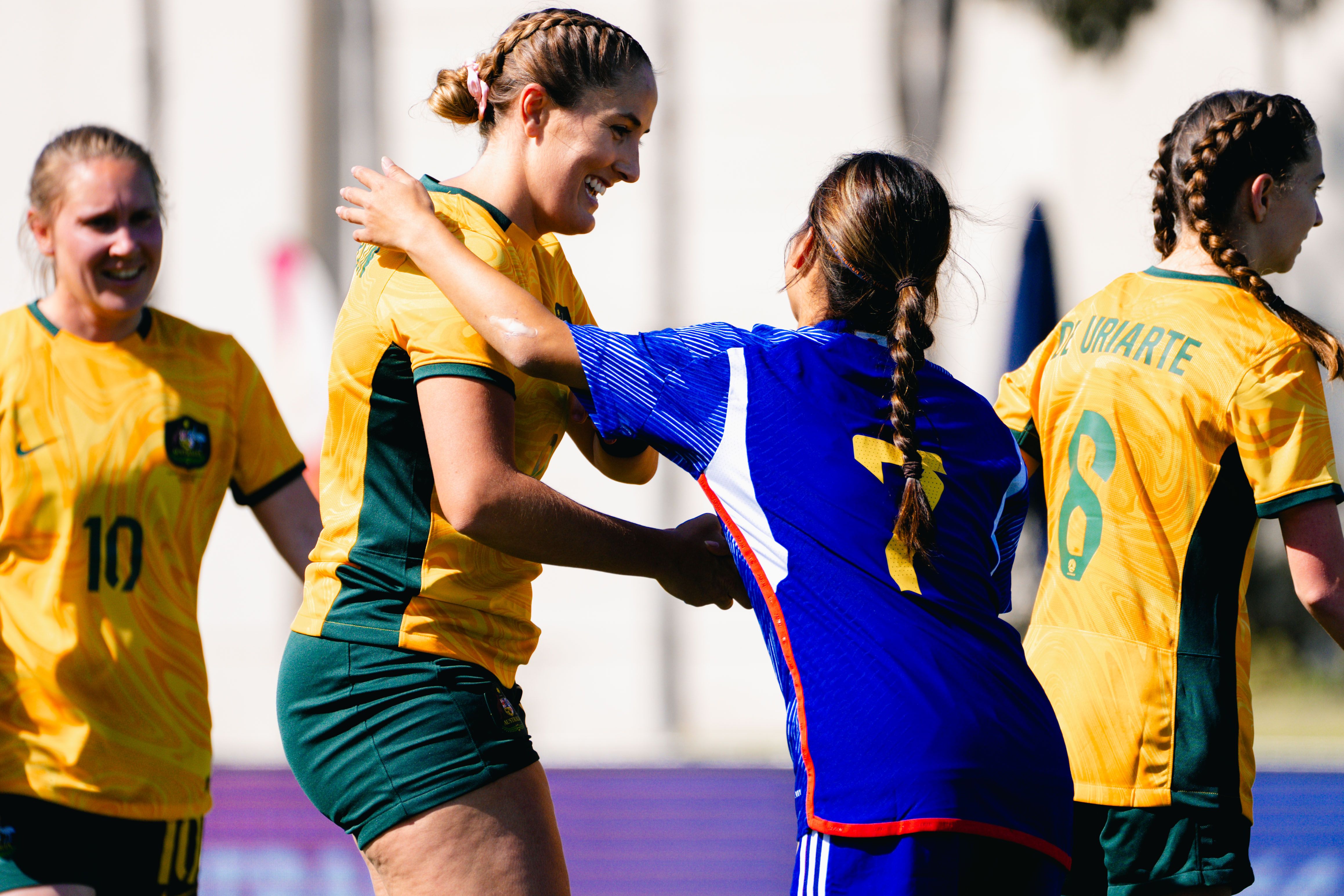 Rae Anderson of the ParaMatildas shakes the hand of Rie Ishihara of Japan post-game IFCPF Asia Oceania Championships
