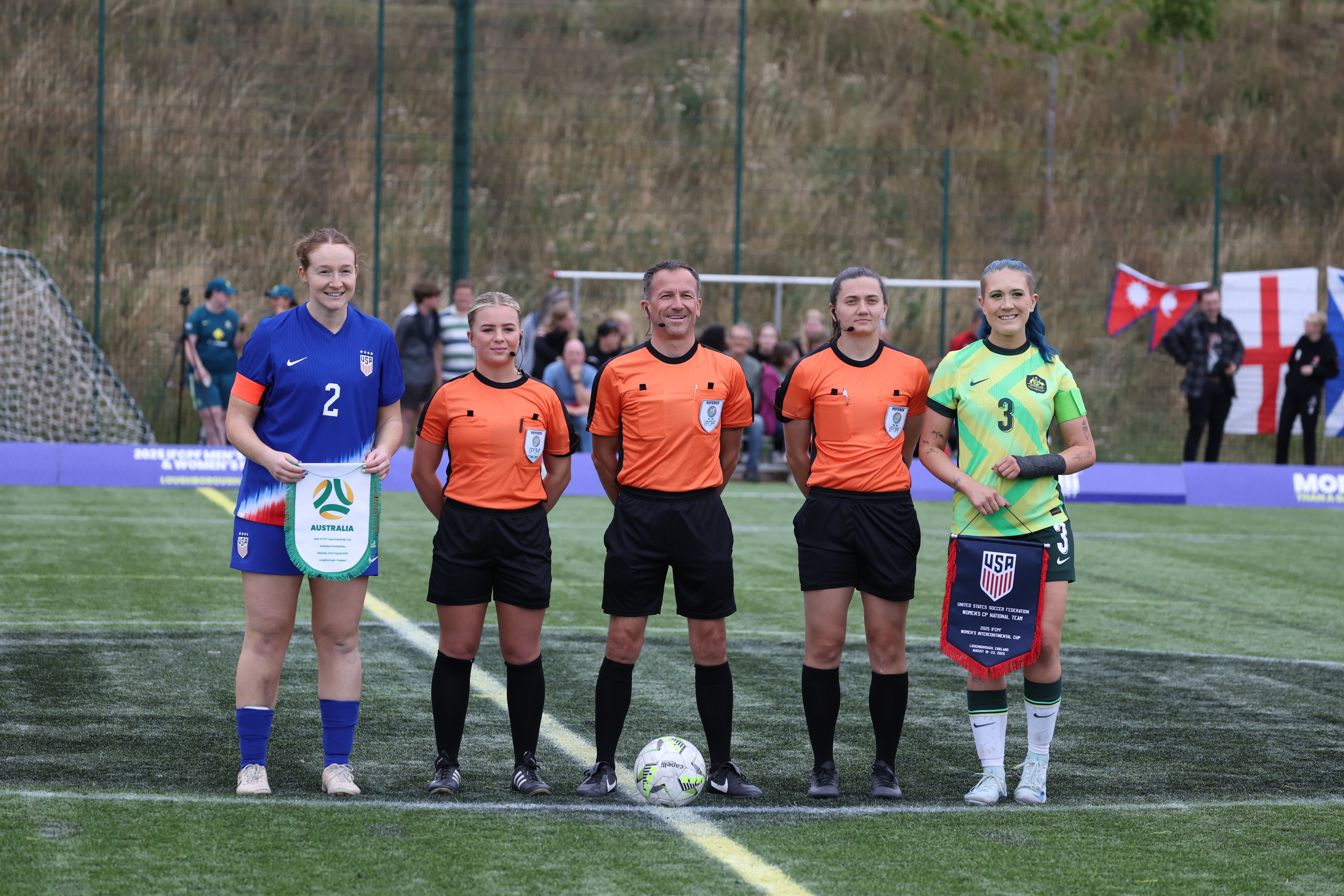  Pre-match captains and officials during the 2025 IFCPF Women's Intercontinental Cup Final match between USA and Australia at Loughborough University on August 23, 2025 in Loughborough, England. (Photo by Nigel Roddis/Getty Images for Football Australia)