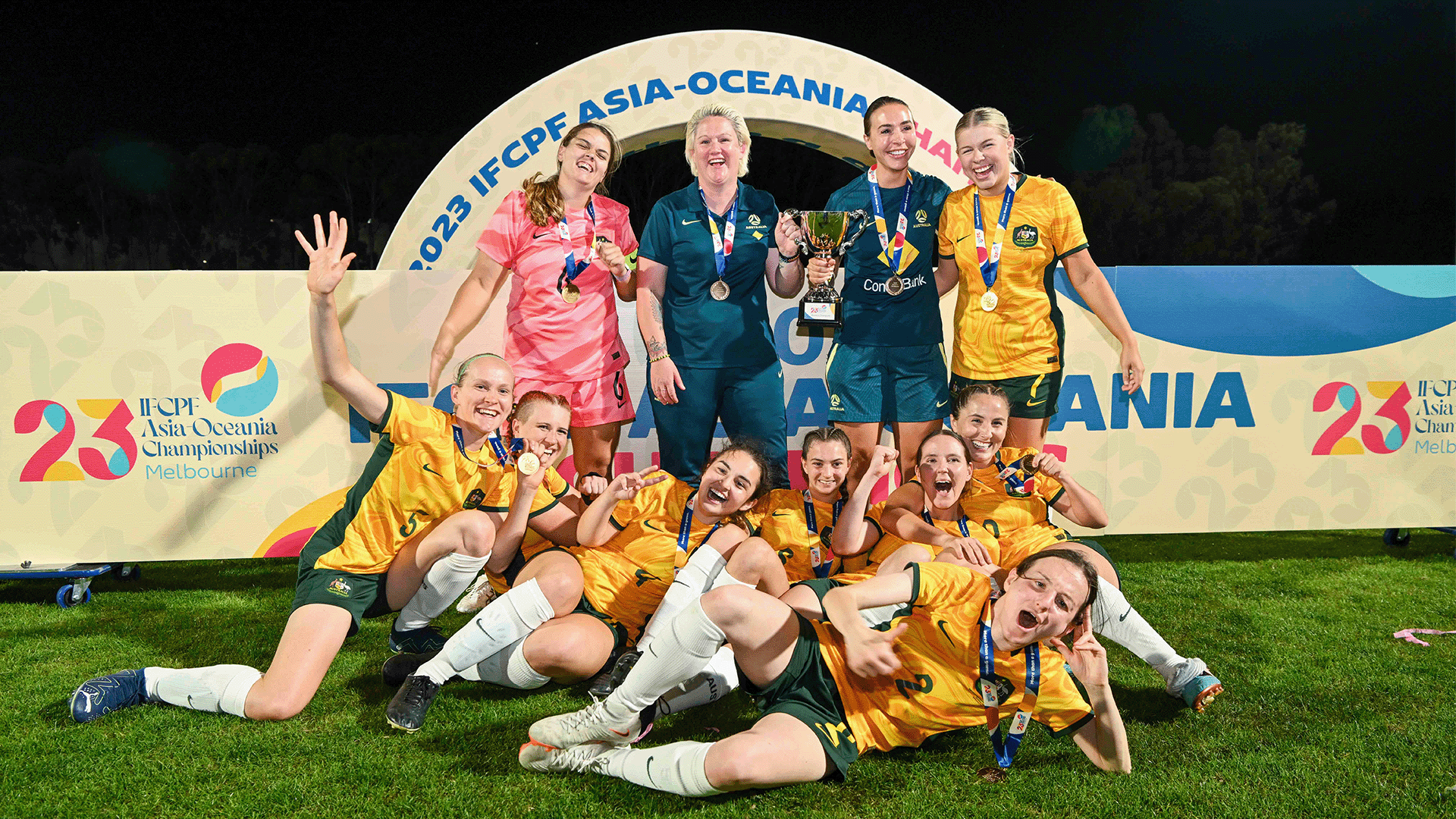 The CommBank ParaMatildas lift the 2023 IFCPF Asia-Oceania Championships title in Melbourne, Australia. (Photo: Mark Avellino)