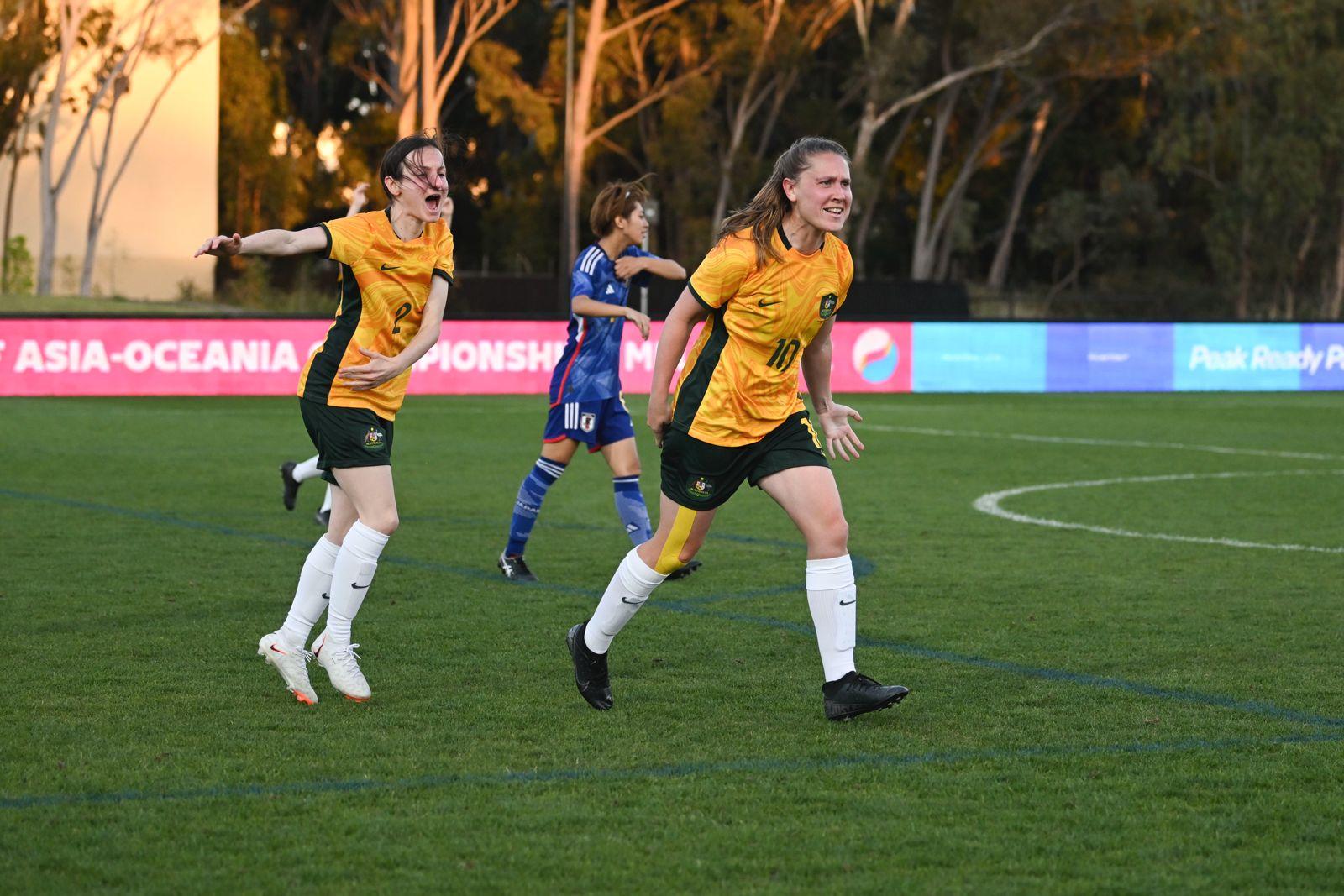 Georgia Beikoff (R) celebrates scoring the CommBank ParaMatildas second goal against Japan. Nicole Christodoulou (L) celebrates alongside.