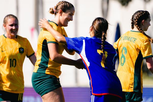 Rae Anderson of the ParaMatildas shakes the hand of Rie Ishihara of Japan post-game IFCPF Asia Oceania Championships