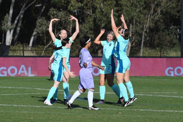 CommBank ParaMatildas celebrate scoring against Nepal in the IFCPF Asia Oceania Championships