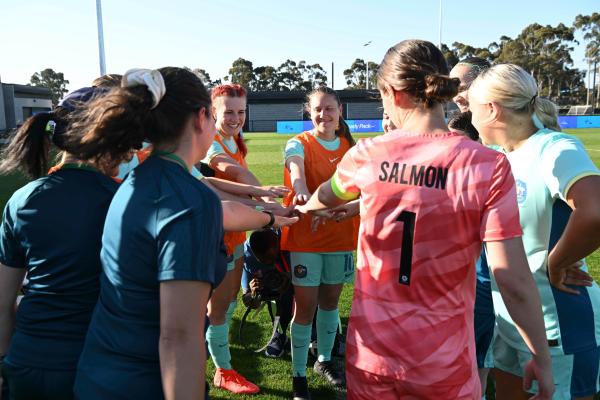 CommBank ParaMatildas in a huddle with hands in before the match against Nepal, matchday two IFCPF Asia Oceania Championships