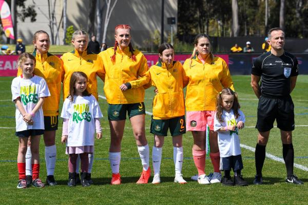 CommBank ParaMatildas line up to sing national anthem ahead of Matchday One IFCPF Asia Oceania Championships v Japan. From L - R: Georgia Beikoff, Eloise Northam, Tahlia Blanshard, Nicole Christodoulou, Katelyn Smith.