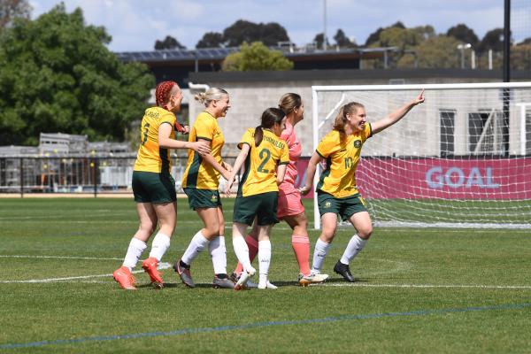 CommBank ParaMatildas celebrate a goal against Japan at the IFCPF Asia Oceania Championships